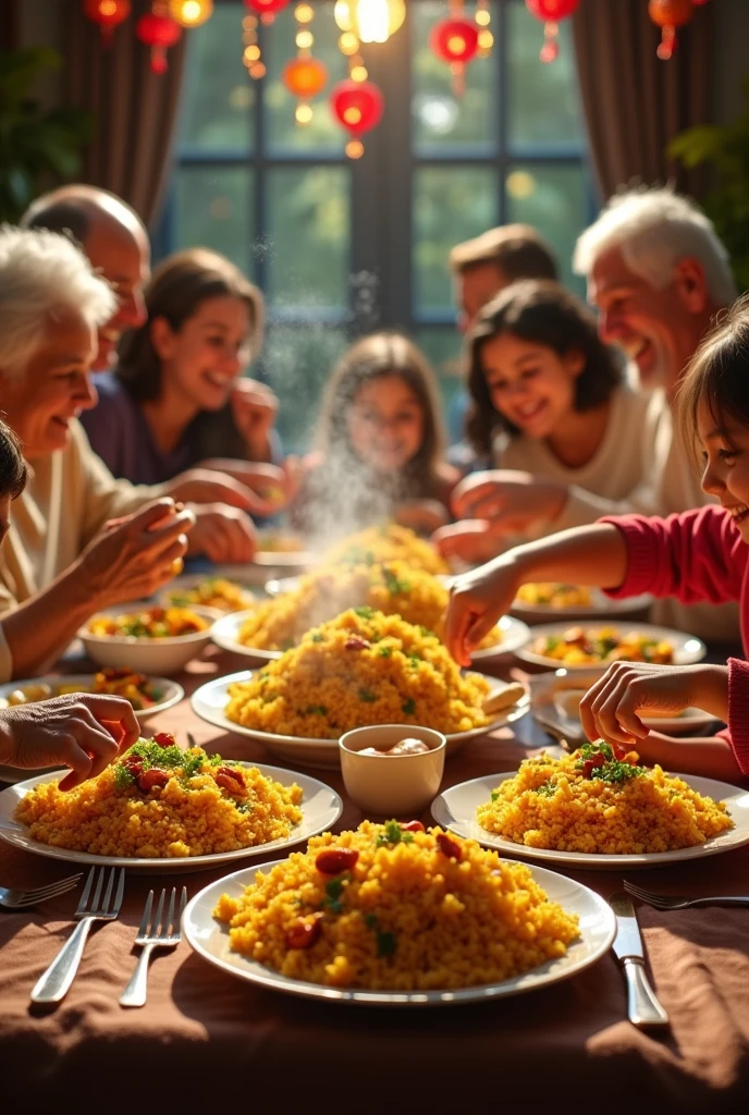 A large family eating curry rice