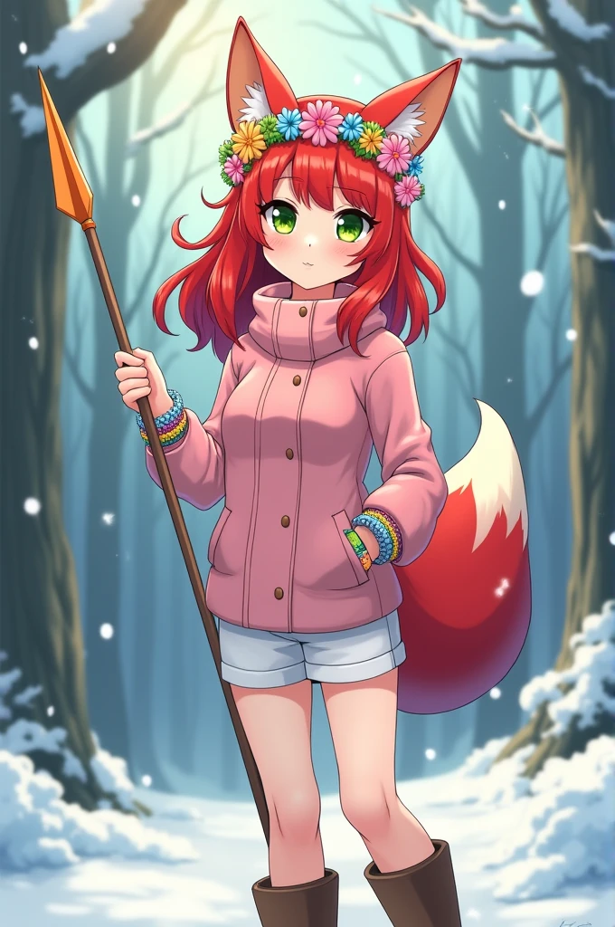An anime style girl with white skin, green eyes, red hair, pink jacket, white shorts, winter boots, flower crown, fox ears, fox tail, a hunting spear and a 7-bead bracelet with rainbow colors