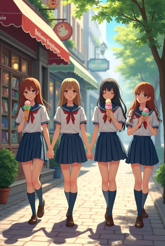 Beautiful women are walking hand in hand in front of a bookstore, holding ice cream in their hands, and they are all wearing school uniforms.