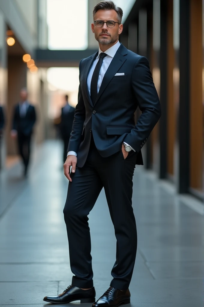 model around 35 to 40 years old, accesories, belt, photo taken from the side, italian business suit, full body picture