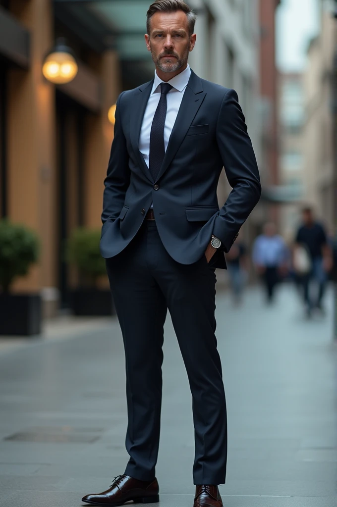 model around 35 to 40 years old, accesories, belt, photo taken from the side, italian business suit, full body picture
