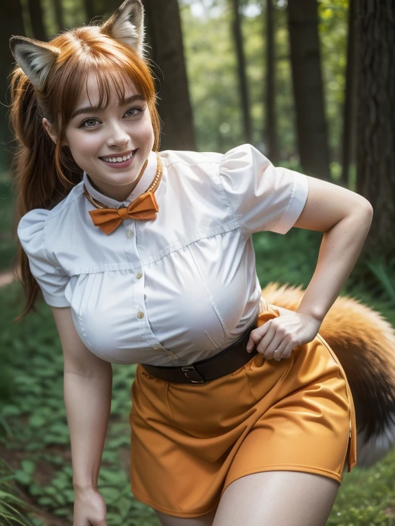 ((Highest quality, 8k)), ((masterpiece)), (Highest Resolution), Perfect Face, Fox Woman, Female college student, Beautiful woman, Outdoor, Only one tail, she has thick thighs, Her large tail, She has an orange fox tail, She wags her tail, Smiling with teeth showing, Fur collar, She wears a maid outfit, Plump Breasts, Beautiful Hips , A fox tail sticks out from the skirt.