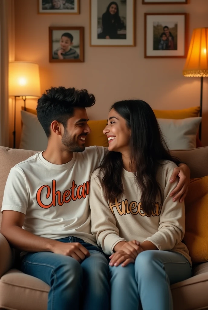 A boy sitting in the chair having written 'chetan' in tshirt and add a girl having written 'aneeta' in Shirt they both should look like boyfriend and girlfriend name that written in shirt should look clearly should look like more older show the name clearly they should look like realistic and adult 