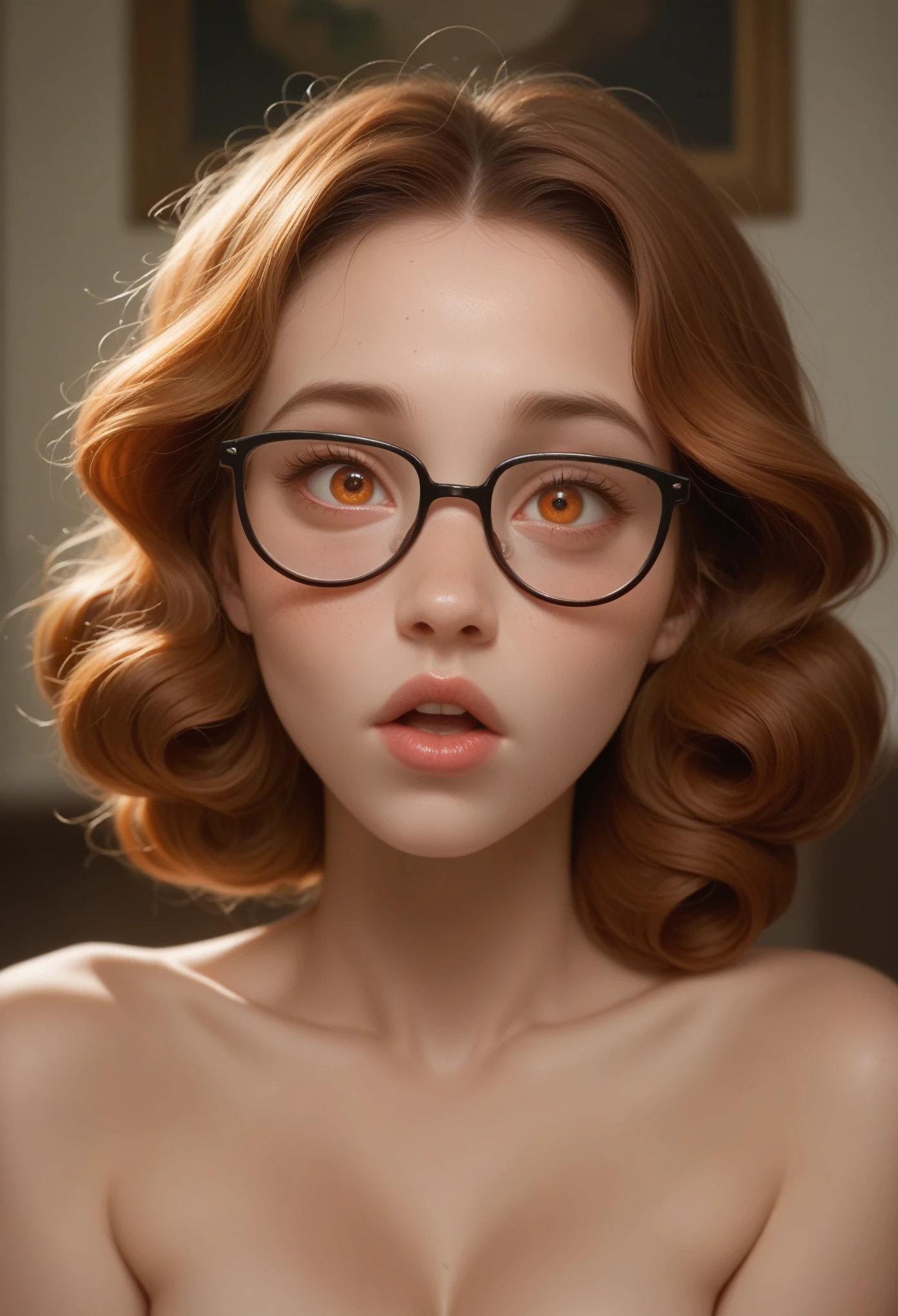 A breathtaking and vibrant painting of a 3D Pixar Disney character depicting a woman with large expressive eyes and exaggerated facial features. He looks erotically over his glasses. Her wavy amber hair is styled in two tousled buns, with a few loose strands framing her face. The glasses she holds in her hand frame her eyes, and her full lips express shock. The subject stares erotically and intently at the viewer over his glasses, naked. The background is softly lit and deliberately blurred.