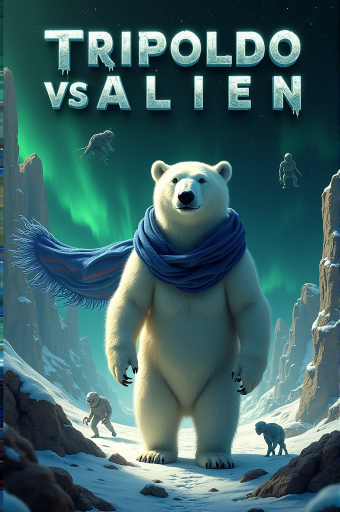 Make a movie poster with a polar bear with a blue striped scarf fighting xenomorphs and that says Tripoldo vs Alien