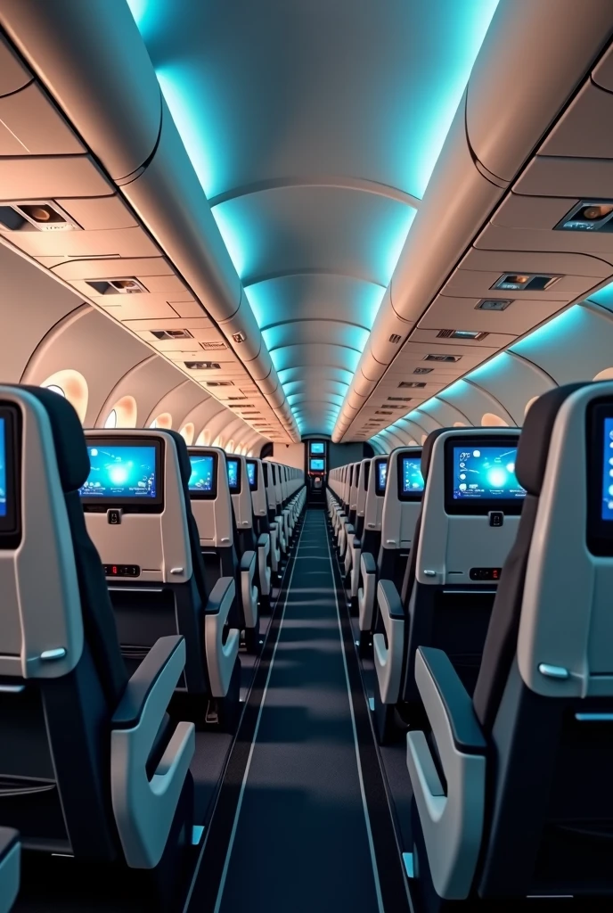 In the cockpit of the aircraft,Camera 45° overlooking the cabin,You can see a lot of airplane seats,The seats have screens on the headrests,Real Effects,No passengers