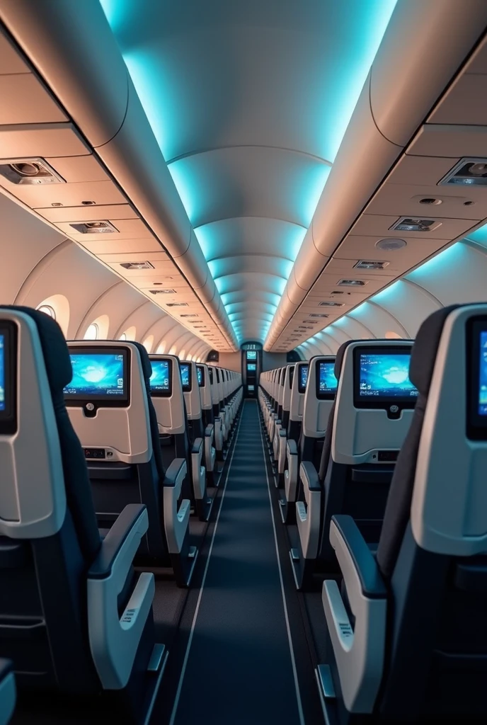 In the cockpit of the aircraft，Camera 45° overlooking the cabin，You can see a lot of airplane seats，The seats have screens on the headrests，Real Effects，No passengers
