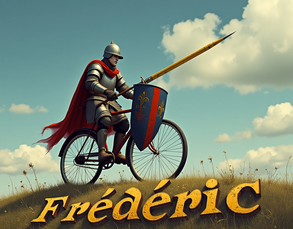 A movie poster depicting a pikeman on a classic old bicycle, with a ((large blue and red shield with coat of arms thin vertical yellow sword painted upwards with 2lily flowers)), damaged by fighting. (medieval battered chain mail, helmet, gloves, very battle-damaged, blue and red coat of arms). He has white pale skin and clever face. (He's on a hill with the words "Frédéric" written in large golden letters in the foreground).