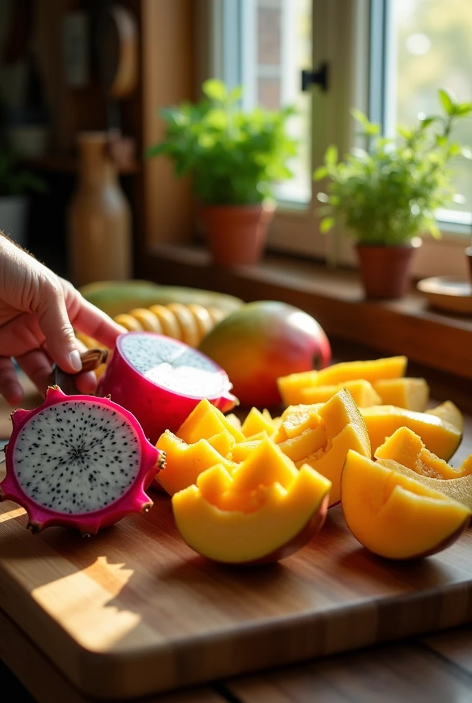 one plate some cutting fruit like Dragon food , cutting magos, Cutting banana, cutting apple  more Realistic
