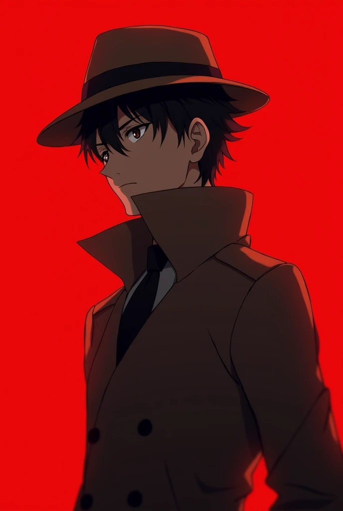 Create a profile picture for Instagram with a simple atmosphere and a red background.、A male anime character wearing a detective hat