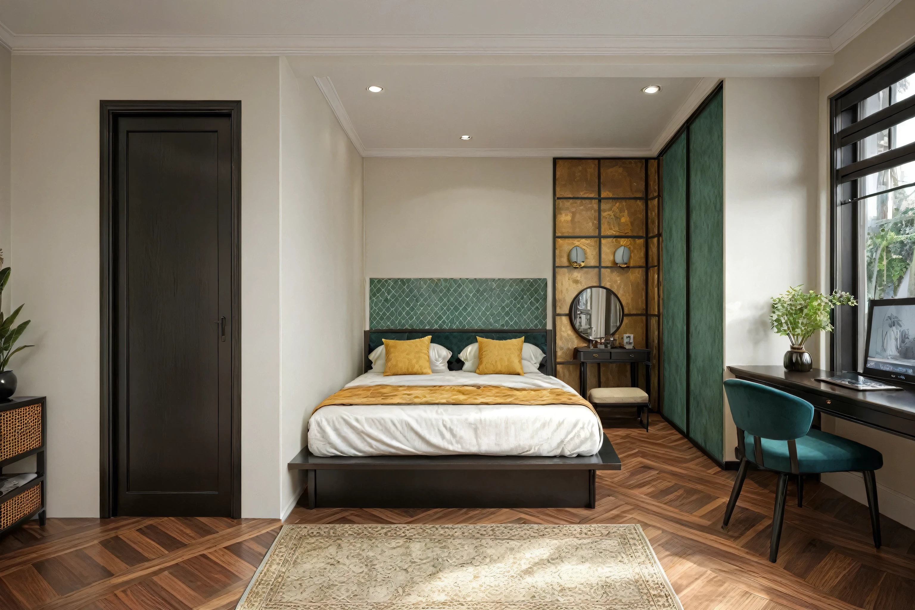 indochine bedroom, antique tiled floor, black wood moldings, wooden bed, armchair, striped fabric, dark and transparent curtains, ceiling, plant pot, night light, patterned carpet, {Warm beige | Terracotta | Dark wood brown | Olive green | Mustard yellow | Deep teal | Ivory white}, pillow, full of natural light, luxurious and sophisticated, vibrant living space,, (RAW photo, masterpiece, best quality,ultra-detailed, extremely delicate and beautiful, highresolution, best shadow:1.1)