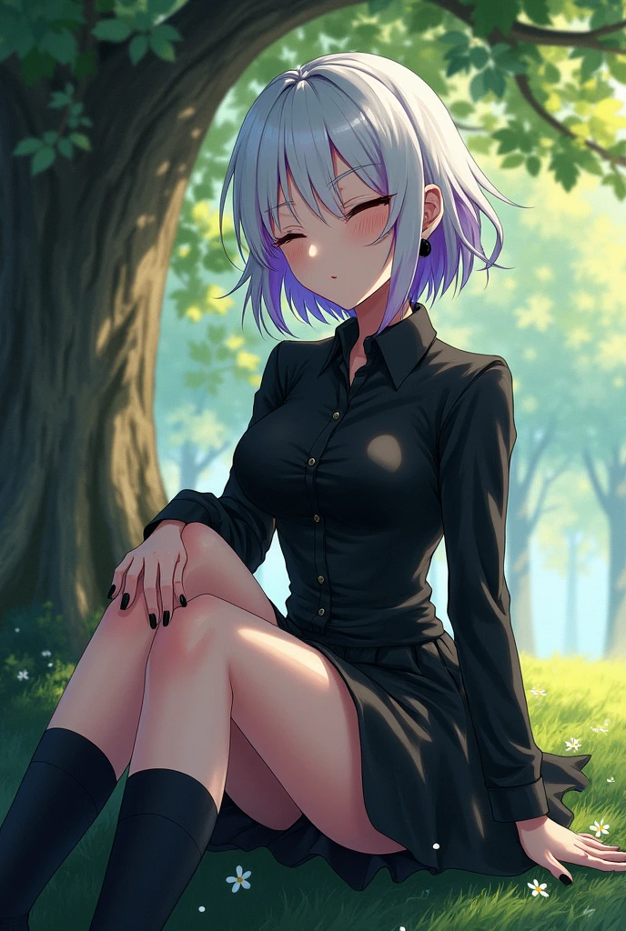 Demon Slayer screenshot, Kimetsu no yaiba, Girl, women, short hair, white hair with purple streaks, at the end purple in the hair, closed eyes, Demon Slayer Uniform, black skirt, black button down shirt, black painted nails, black socks, sitting under a tree, In the woods, at daytime, relaxed expression, with a lot of chest, no cute, dominant, anime, White skin, black earrings