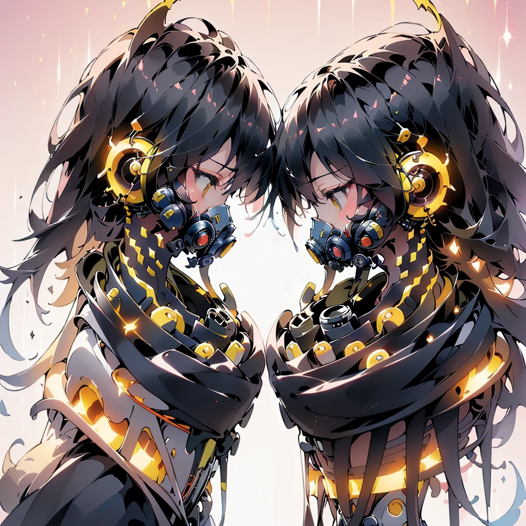 One girl,(((Highest quality、masterpiece、Official Art、Very detailed、Anime Style、Best dynamic composition、profile、Perfect Anatomy)))、 Headphones, hoodie, Vibrant colors, neon, White Background、gas mask、