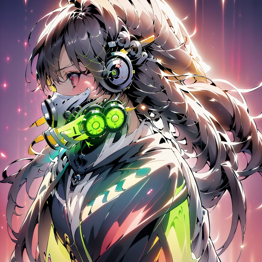 One girl,(((Highest quality、masterpiece、Official Art、Very detailed、Anime Style、Best dynamic composition、profile、Perfect Anatomy)))、 Headphones, hoodie, Vibrant colors, neon, White Background、gas mask、