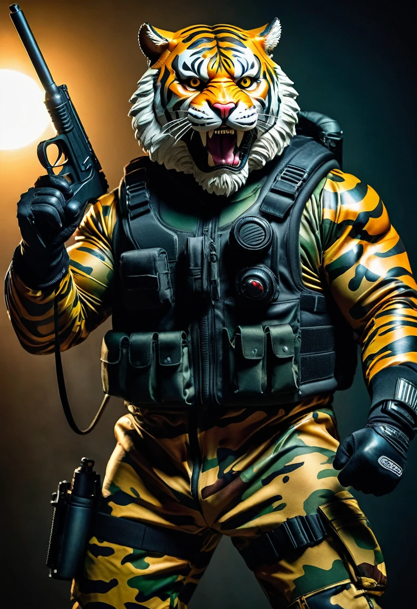 (a dark-skinned bearded fat muscular old man in a bulky army camouflage zipper diver suit) holding a gun, (wearing a small-sized realistic roaring tiger mask), dynamic action pose, fierce expression, showcasing an imposing stature, surrounded by military elements, dramatic shadows and intense highlights, cinematic color tones, high detail, powerful, art influenced by Bruce Onobrakpeya and Stanley Artgerm, ultra-detailed, best quality image, action-packed atmosphere. thumbs up pose