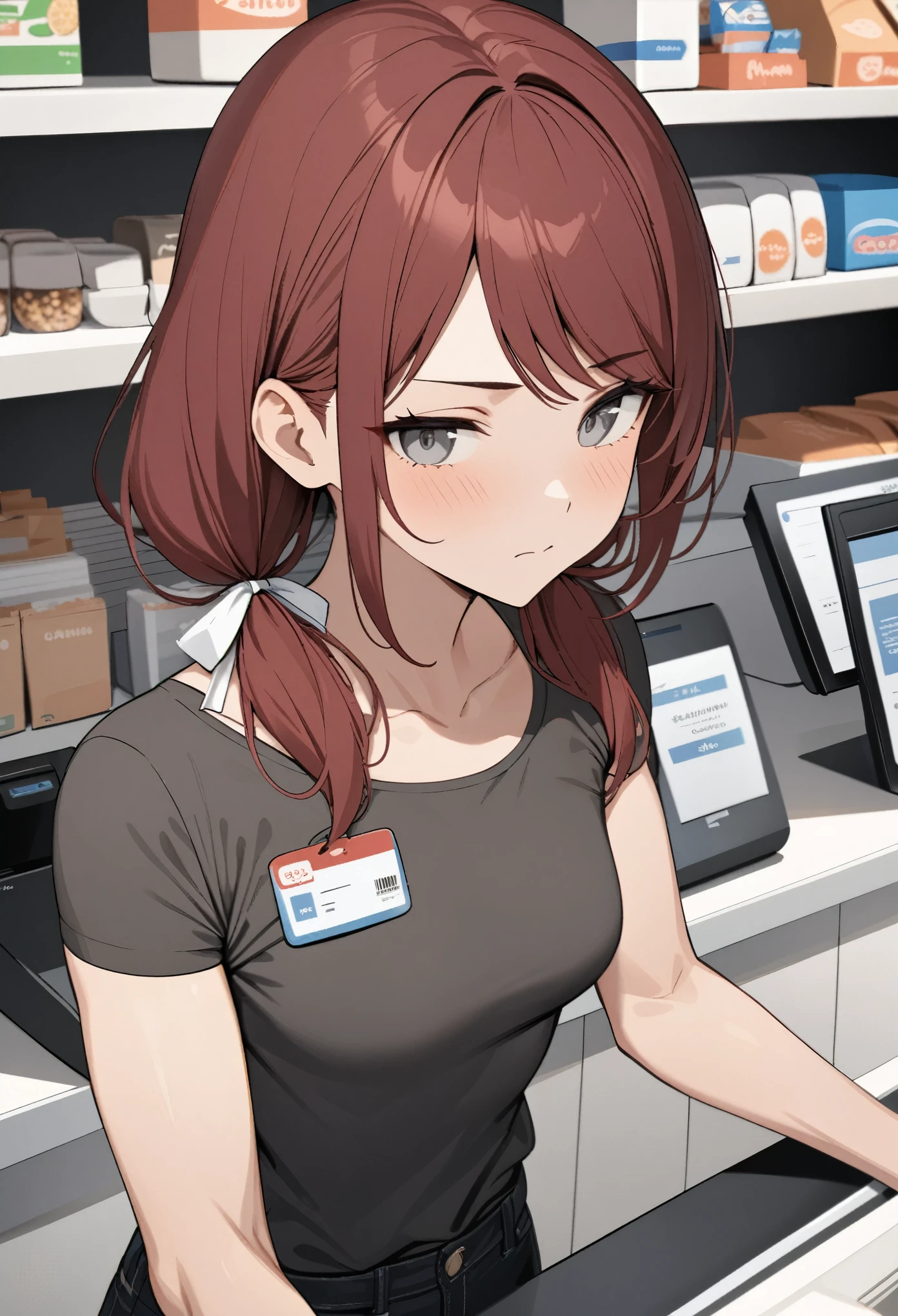 Masterpiece, highres, high Quality, detailed face, over-the-shoulder shot, solo, working behind counter, Gray eyes, dark red hair, swept bangs, low twin tails, white ribbons, gray strapless shirt with white trim, nametag, black jeans, small breasts, toned arms, cashier, closed mouth, convenience store, counter,