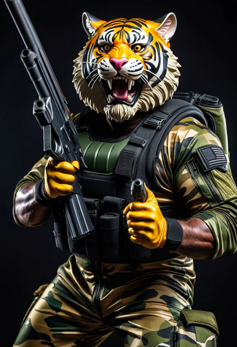 (a dark-skinned bearded fat muscular old man in a bulky army camouflage zipper diver suit) holding a gun, (wearing a small-sized realistic roaring tiger mask), dynamic action pose, fierce expression, showcasing an imposing stature, surrounded by military elements, dramatic shadows and intense highlights, cinematic color tones, high detail, powerful, art influenced by Bruce Onobrakpeya and Stanley Artgerm, ultra-detailed, best quality image, action-packed atmosphere. thumbs up pose