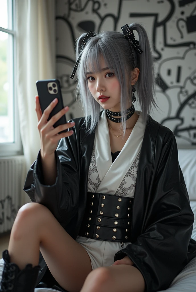 highly detailed, beautiful, hyper Realistic girl, masterpiece, best quality, Japanese sexy gravure woman, 28 years old, identity hidden, takes a selfie in her room using a smartphone in front of a mirror with one hand, standing, fashion model Posing, looking away from the camera, /// gray casual punk hair, light color eyes, Realistic skin, Detailed face, /// (hairstyle with complicated decorations:1.3), _ (Cityscape background:1.2), (White and black graffiti-covered walls:1.4), _ BREAK (Confident sitting pose:1.2), _ BREAK (wide angle:1.7), _ BREAK(White and black theme:1.4), (Geometric pattern print:1.4),(fusion of traditional High collar kimono and punk elements:1.4), (black leather jacket with white silk kimono:1.2), (silver studded details on kimono:1.2), (punk-inspired accessories, black Leather thigh belt:1.4), _ BREAK (punk-style boots:1.2), /// Monotone simple Japanese modern taste single room, mirror, complicated background,