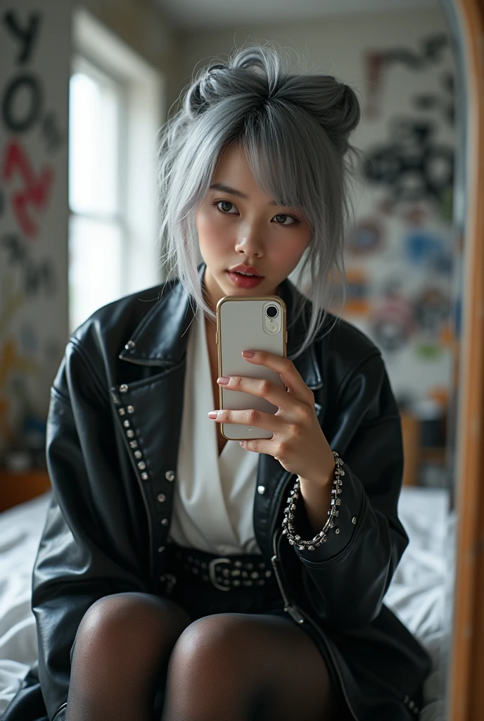 highly detailed, beautiful, hyper Realistic girl, masterpiece, best quality, Japanese sexy gravure woman, 28 years old, identity hidden, takes a selfie in her room using a smartphone in front of a mirror with one hand, fashion model Posing, looking away from the camera, /// gray casual punk hair, light color eyes, Realistic skin, Detailed face, /// (hairstyle with complicated decorations:1.3),  _ (Cityscape background:1.2), (White and black graffiti-covered walls:1.4), _ BREAK (Confident sitting pose:1.2), _ BREAK (wide angle:1.7), _ BREAK（White and black theme:1.4), (Geometric pattern print:1.4),(fusion of traditional High collar kimono and punk elements:1.4), (black leather jacket with white silk kimono:1.2), (silver studded details on kimono:1.2), (punk-inspired accessories, black Leather thigh belt:1.4), _ BREAK (punk-style boots:1.2),  /// Monotone simple Japanese modern taste single room, mirror, complicated background,
