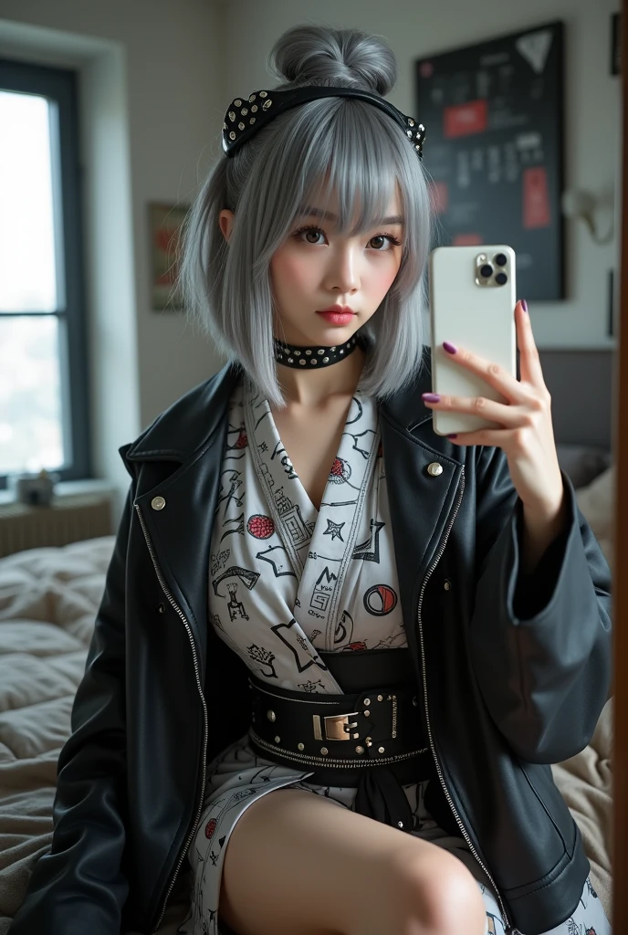 highly detailed, beautiful, hyper Realistic girl, masterpiece, best quality, Japanese sexy gravure woman, 28 years old, identity hidden, takes a selfie in her room using a smartphone in front of a mirror with one hand, fashion model Posing, looking away from the camera, /// gray casual punk hair, light color eyes, Realistic skin, Detailed face, /// (hairstyle with complicated decorations:1.3), _ (Cityscape background:1.2), (White and black graffiti-covered walls:1.4), _ BREAK (Confident sitting pose:1.2), _ BREAK (wide angle:1.7), _ BREAK(White and black theme:1.4), (Geometric pattern print:1.4),(fusion of traditional High collar kimono and punk elements:1.4), (black leather jacket with white silk kimono:1.2), (silver studded details on kimono:1.2), (punk-inspired accessories, black Leather thigh belt:1.4), _ BREAK (punk-style boots:1.2), /// Monotone simple Japanese modern taste single room, mirror, complicated background,