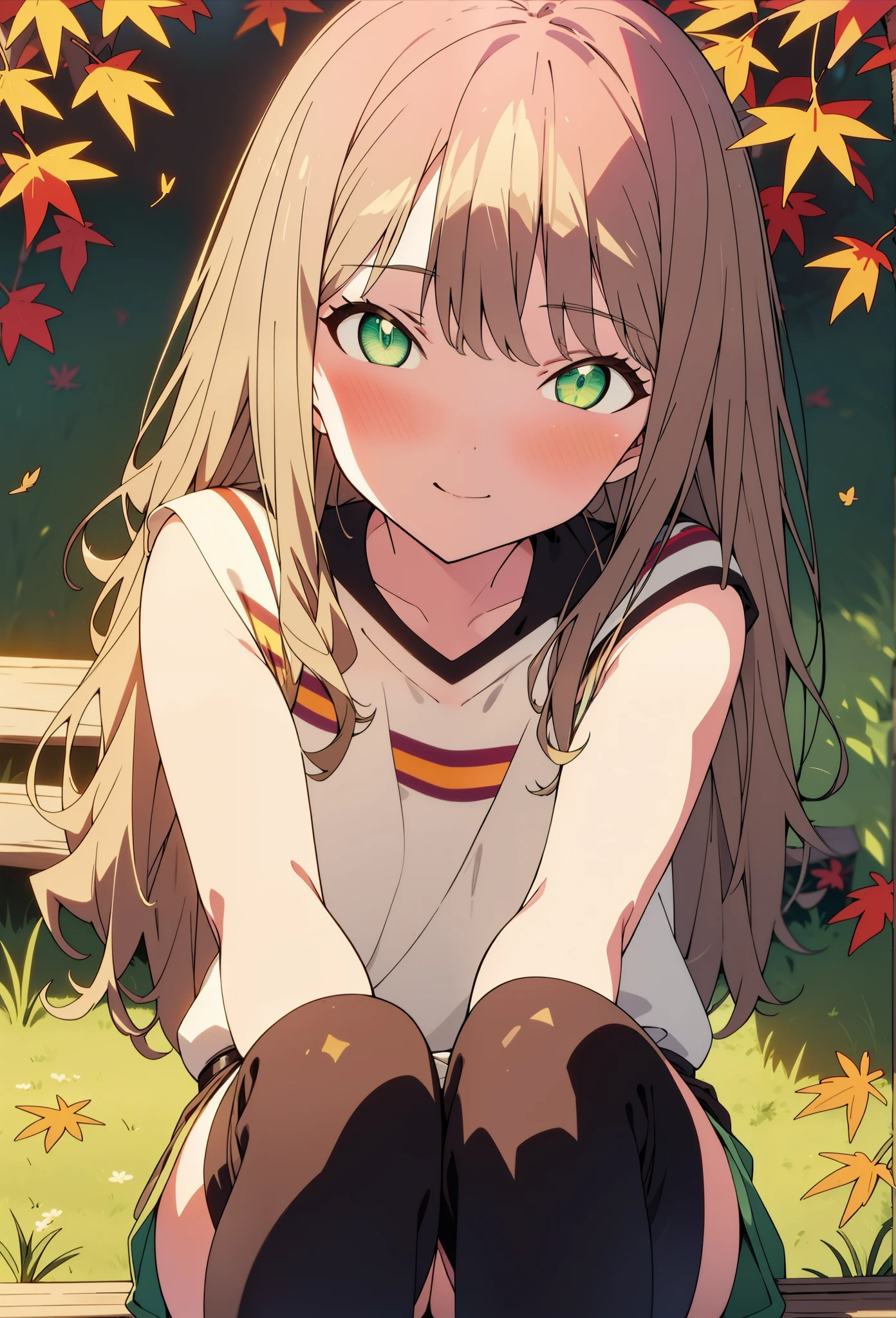 minami yume ,sss Dynazenon ,Long Hair,hair band, Brown Hair, smile,blush,(Green Eyes:1.5) ,One-shoulder sweater,Shorts,Black pantyhose,short boots,Walking,whole bodyがイラストに入るように,autumn leaves,autumn leavesが散っている,autumn leavesが積もっている,Sitting on a bench,
break looking at viewer, whole body,  
break outdoors, garden,
break (masterpiece:1.2), Highest quality, High resolution, unity 8k wallpaper, (shape:0.8), (Beautiful and beautiful eyes:1.6), Highly detailed face, Perfect lighting, Extremely detailed CG, (Perfect hands, Perfect Anatomy),