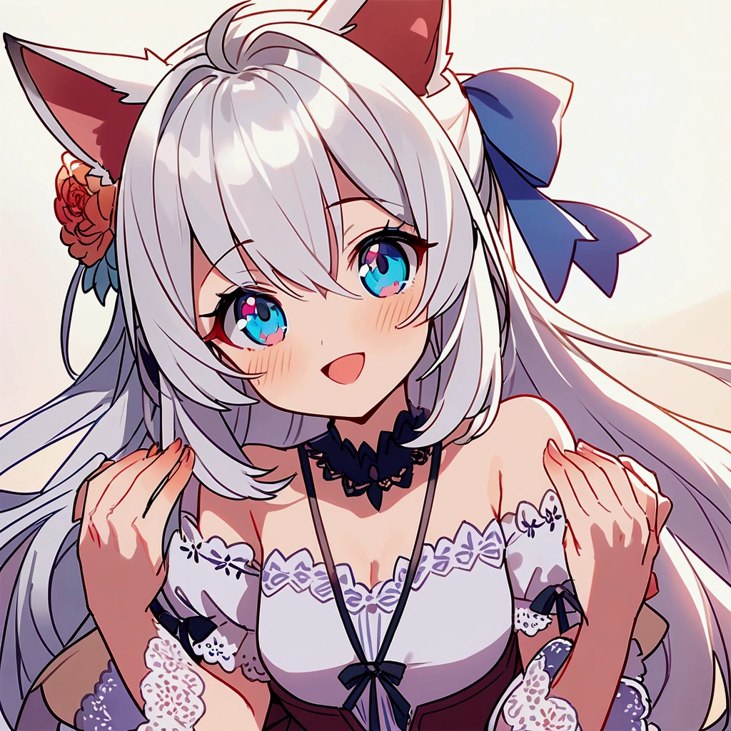 anime girl with cat ears pair, inside the ears are white fluffy, her eyes are wide and curious, She was excited and happy to see me., beautiful eyes, white hair, pink eyes, Good art., Nice drawing., anime 2 days, 2 days, cute, There are 2 hands and 5 fingers on each hand., Beautiful hands, hand drawn with good hand, 4K, 8ก,