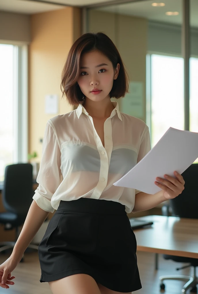 A 35 years old beautiful japanese woman, natural big breasts with 38 b size, slightly chubby body, bob cut hair style, wear sheer white shirt, black mini skirt, sexy sensual and seductive expression and pose, holding some document, in the office, realistic photography, natural light, look at the viewer,