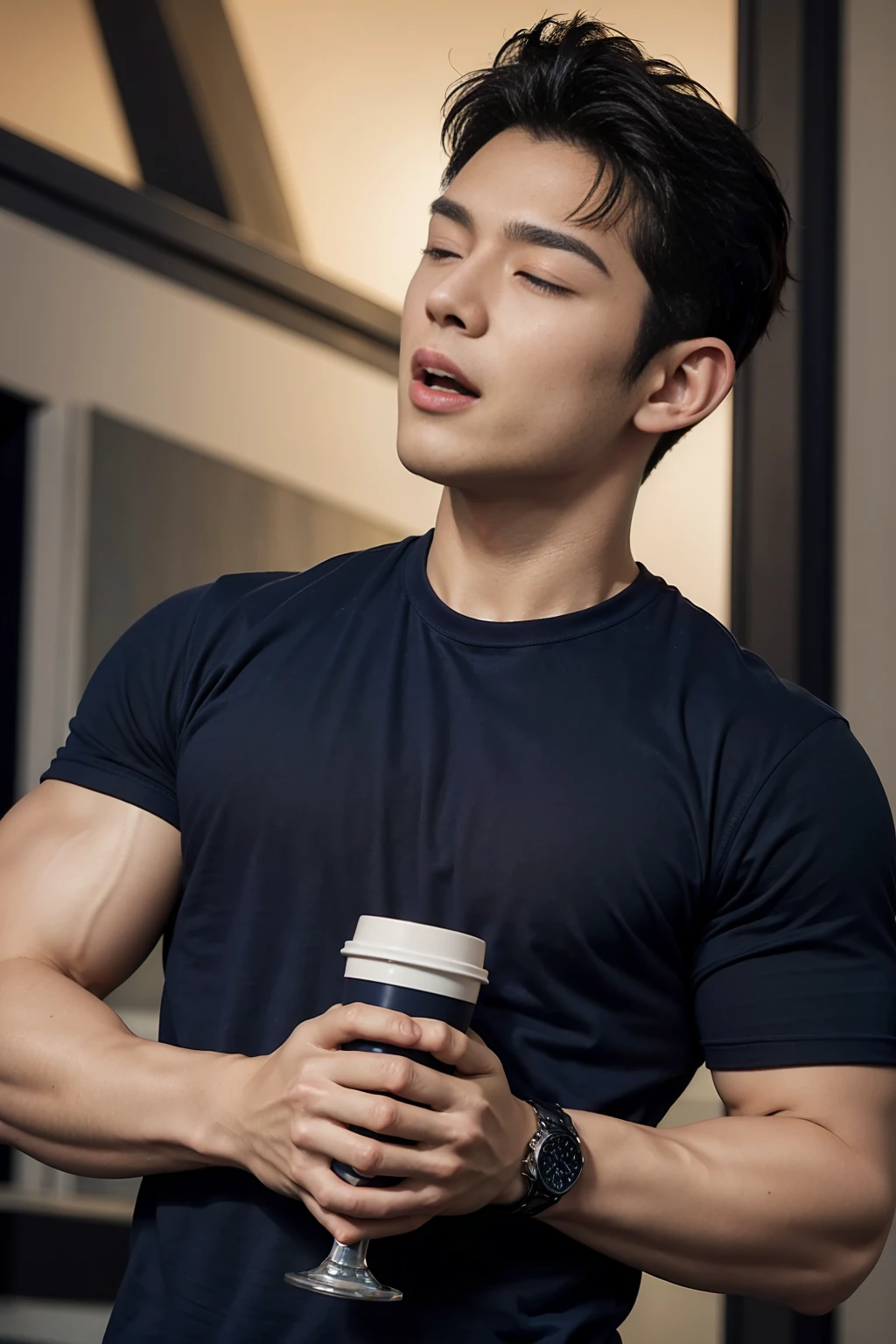 (Create a masterpiece: 1.2),(CGI art:1.3),(realistic:1.5),(After processing:1.3), (Sharp focus:1.3), 1 man, open mouth, smile, (Navy blue round neck t-shirt:1.3), Navy cargo pants, Korean guy , korean men, (High gloss details), chest muscles, large arm muscles, blood vessel, Big muscles, Broad shoulders, looking at the audience, Balancing the eyes, bedroom, Close your eyes.,(open mouth:1.1)，A sexy and charming watch，Color-narrowed，holding an airplane cup in her hand