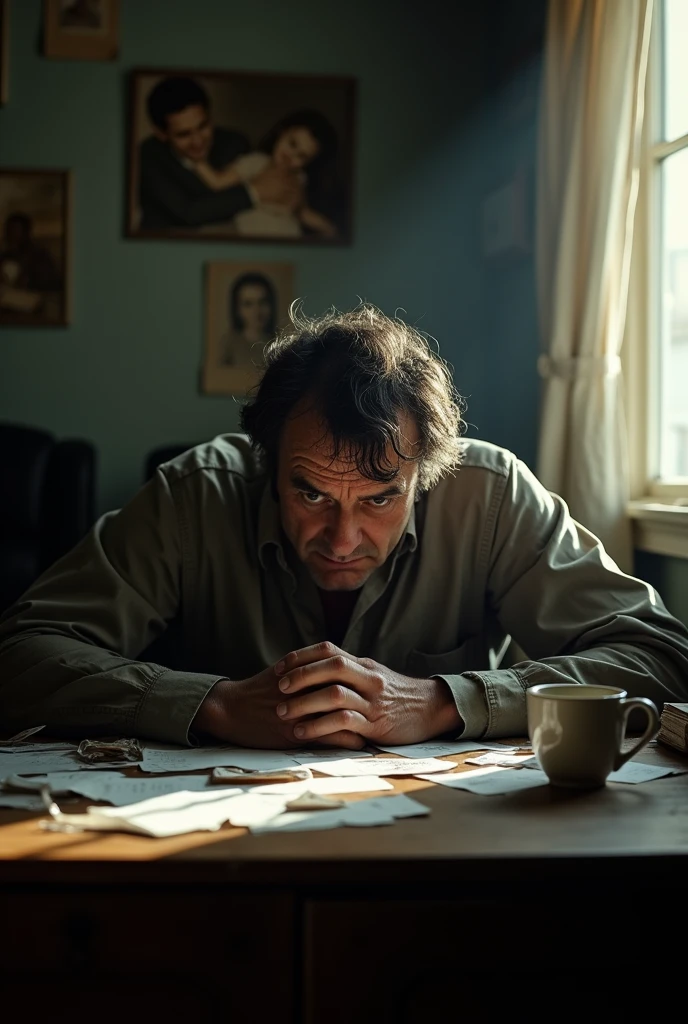 A sad person sitting at a desk with a heavy weight on his shoulders 