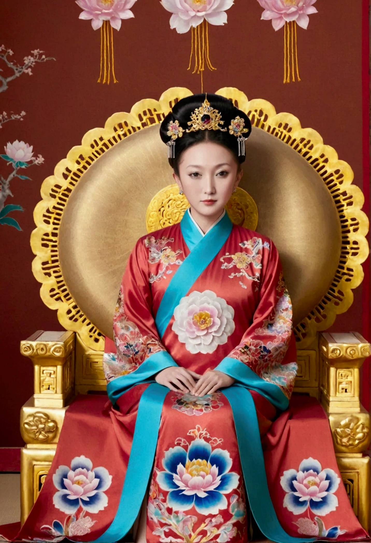 From the pre-Qing period, The Empress sits naked on a large golden sofa in the palace, Her legs were spread, At the Chinese court during the Qing Dynasty, Empress of the Qing Dynasty, Wearing the great crown of the Chinese Empress, Belly and thighs visible from below.。She is completely naked, Showing off gorgeous large flowers and hairpins, She tied her hair up and pulled it up, 背景はEmpress of the Qing Dynastyの豪華な宮殿.