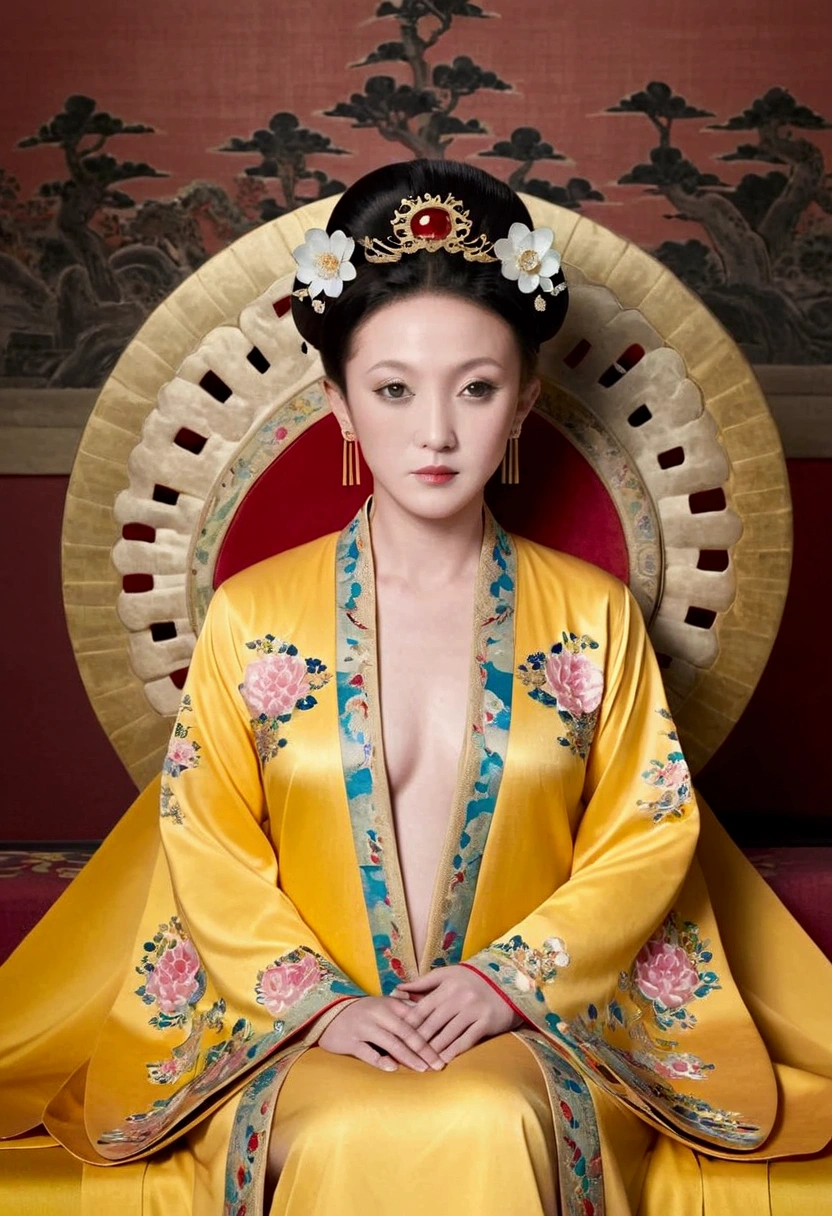 From the pre-Qing period, The Empress sits naked on a large golden sofa in the palace, Her legs were spread, At the Chinese court during the Qing Dynasty, Empress of the Qing Dynasty, Wearing the great crown of the Chinese Empress, Belly and thighs visible from below.。She is completely naked, Showing off gorgeous large flowers and hairpins, She tied her hair up and pulled it up, 背景はEmpress of the Qing Dynastyの豪華な宮殿.