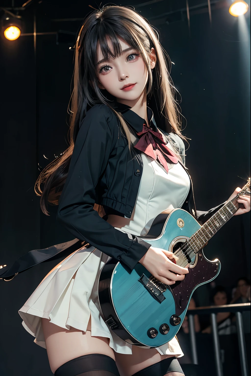 High school girl blazer、uniform、Red checked knee-length skirt、Long skirt、JK Style、Jacket、smile、Knee-high socks、Thigh-high socks、pantyhose、Extremely beautiful、Super cute、ennui、Rare Beauty、Dark black eyeshadow、sad、Skin radiance、Long Hair Straight Hair、Dark Gothic Makeup、Dark Smile、Fragrant beauty、Stained glass background、masterpiece、Highest quality、See 5 books、Sweat glistening on my chest、Sweat glistening on the face、Small breasts、22 years old、Slightly slim、Mysterious look、Sad look、Mysterious Gothic Church、enchanting castle、Excessive sweating all over the body、Thighsに大量の汗と光、光沢のあるThighs、Thighs、Thighsに大量の汗が光る、sweat profusely、Gal、Small breasts、Japanese face、Captivating look、細いThighs、play the guitar、I have a guitar、Enthusiastic singing、バンドでplay the guitar、Playing guitar chords、Background of the live music venue、Sing a song、Open your mouth、Scenery of a live music venue、Mike stand、Glamorous live stage、Dynamic Angles、Vivid straight long hair、delicate straight hair、