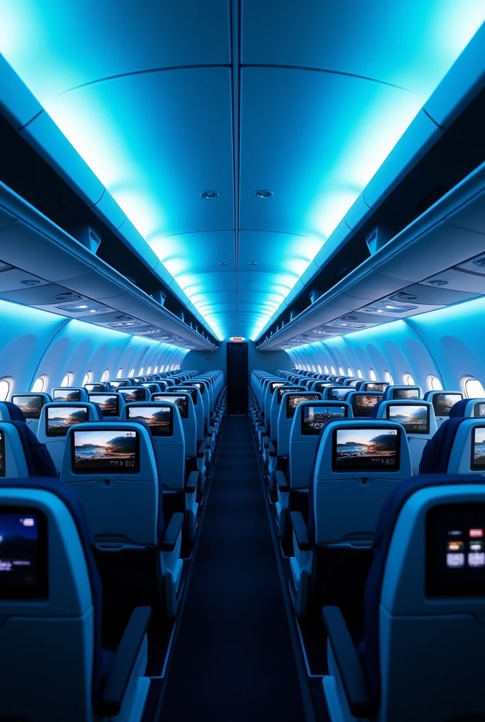 In the cockpit of the aircraft，You can see a lot of airplane seats，The seats have screens on the headrests，Real Effects，No passengers
