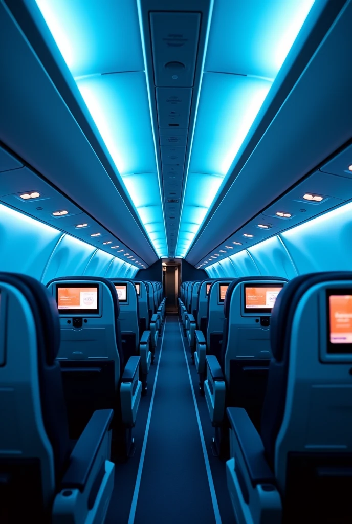 In the cockpit of the aircraft，You can see a lot of airplane seats，The seats have screens on the headrests，Real Effects，No passengers
