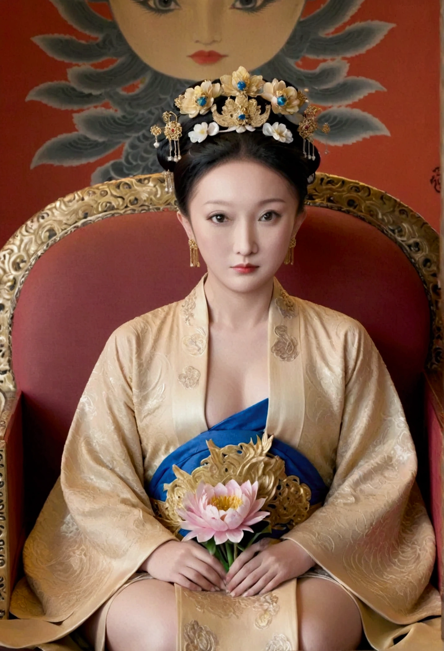 From the pre-Qing period, The Empress sits naked on a large golden sofa in the palace, Her legs were spread, At the Chinese court during the Qing Dynasty, Empress of the Qing Dynasty, Wearing the great crown of the Chinese Empress, Belly and thighs visible from below.。She is completely naked, Showing off gorgeous large flowers and hairpins, She tied her hair up and pulled it up, 背景はEmpress of the Qing Dynastyの豪華な宮殿.