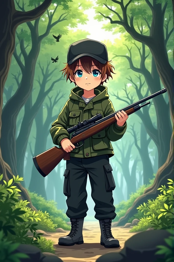 An anime style boy with white skin, blue eyes, brown hair, camouflage jacket, black tactical pants, military boots, black cap, holding a hunting rifle