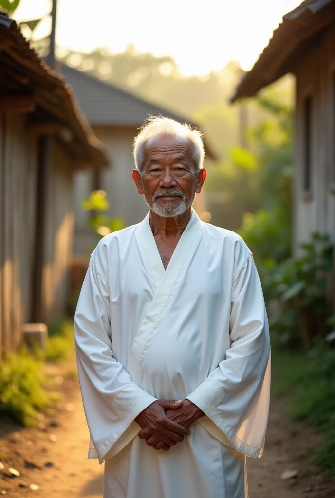 Japanese man, 60 years old, Rural village backdrop, Look straight., Medium shot ,Dressed in a white Thai dress