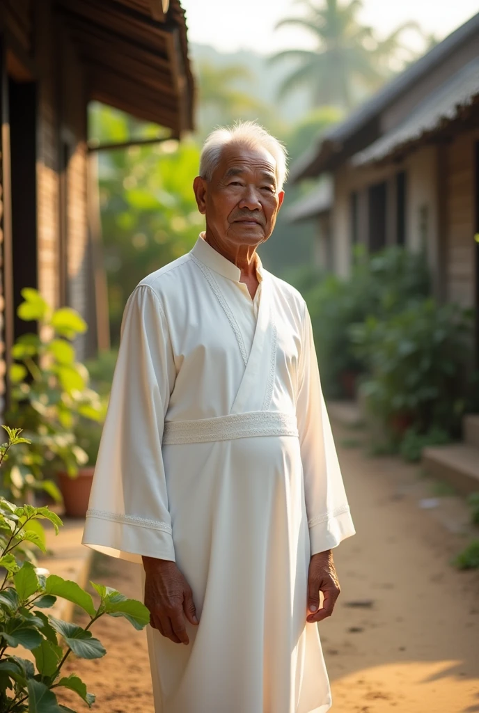 Japanese man, 60 years old, Rural village backdrop, Look straight., Medium shot ,Dressed in a white Thai dress
