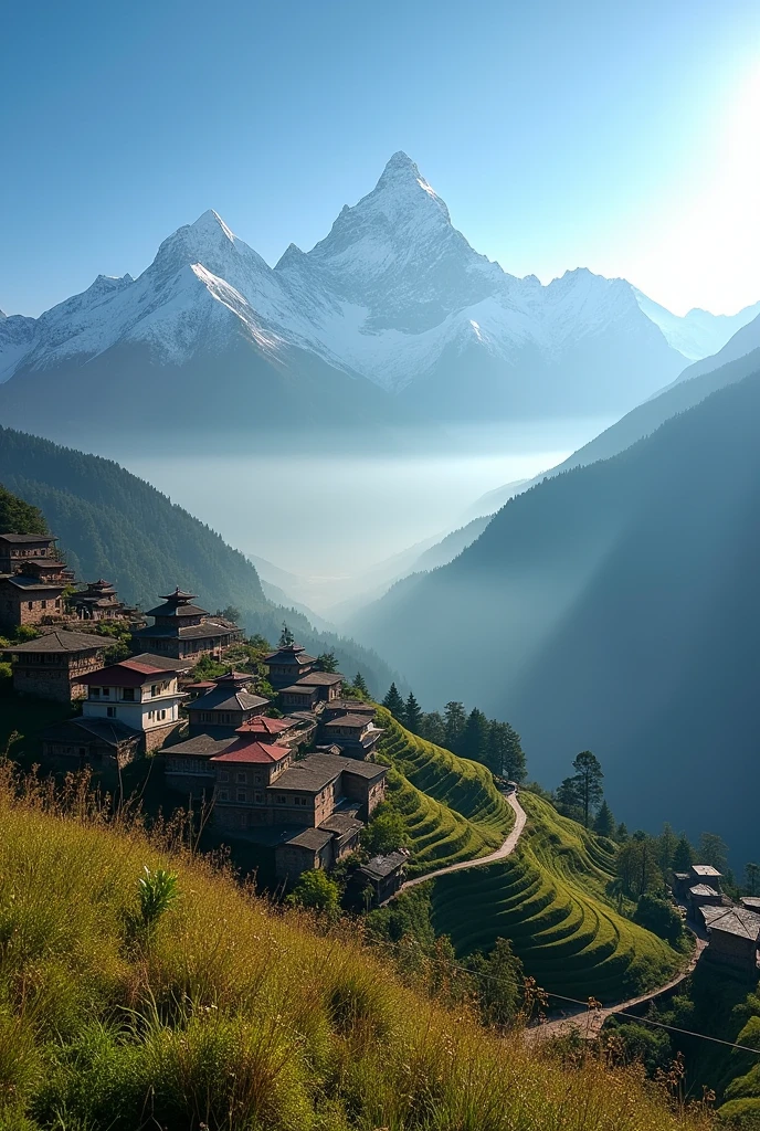 Please generate an image of Bhorletar a small city ( facing the east to south), located in the Western part of Lamjung, among three rivers, at slight height, from where mt. Fishtail and annapurna mountain range can be seen.


Please generate another image, without river and coconut tree.