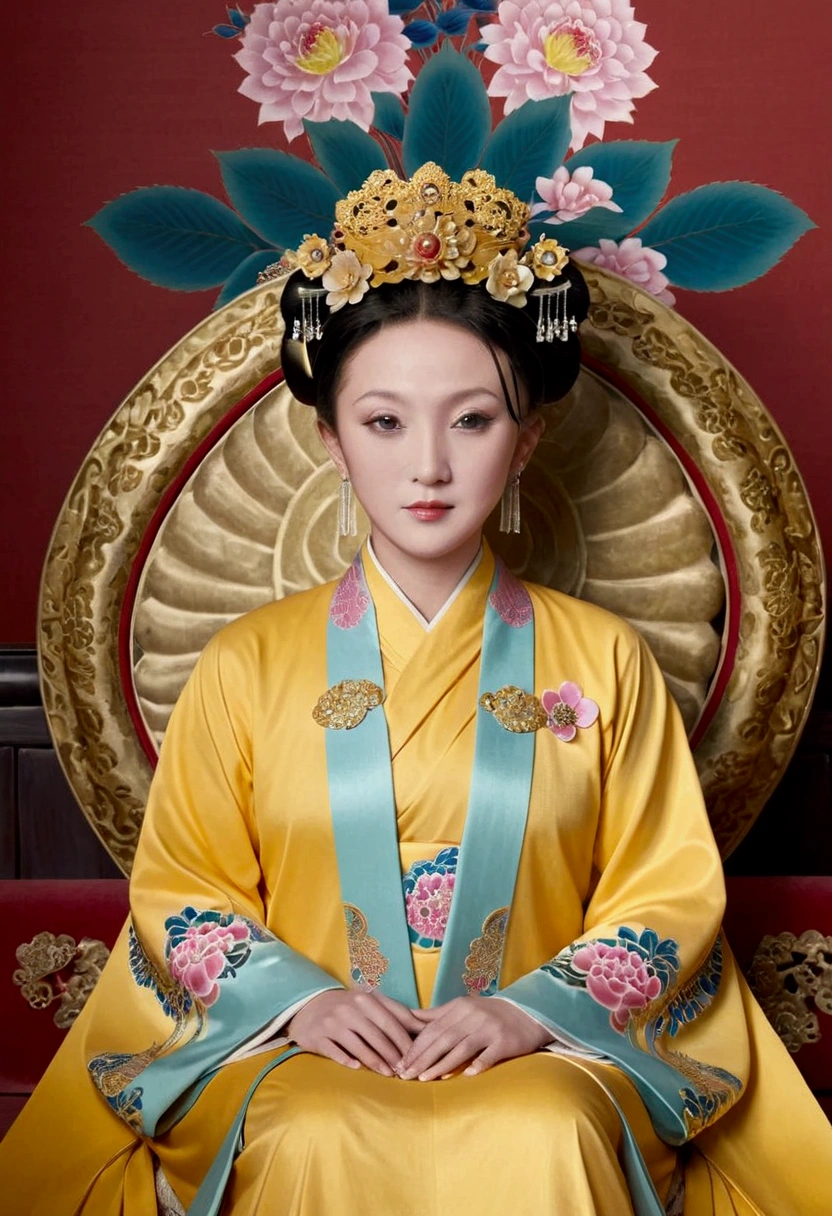 From the pre-Qing period, The Empress sits naked on a large golden sofa in the palace,  Her legs were spread, At the Chinese court during the Qing Dynasty, Empress of the Qing Dynasty, Wearing the great crown of the Chinese Empress, Belly and thighs visible from below.。She is completely naked, Showing off gorgeous large flowers and hairpins, She tied her hair up and pulled it up, 背景はEmpress of the Qing Dynastyの豪華な宮殿.