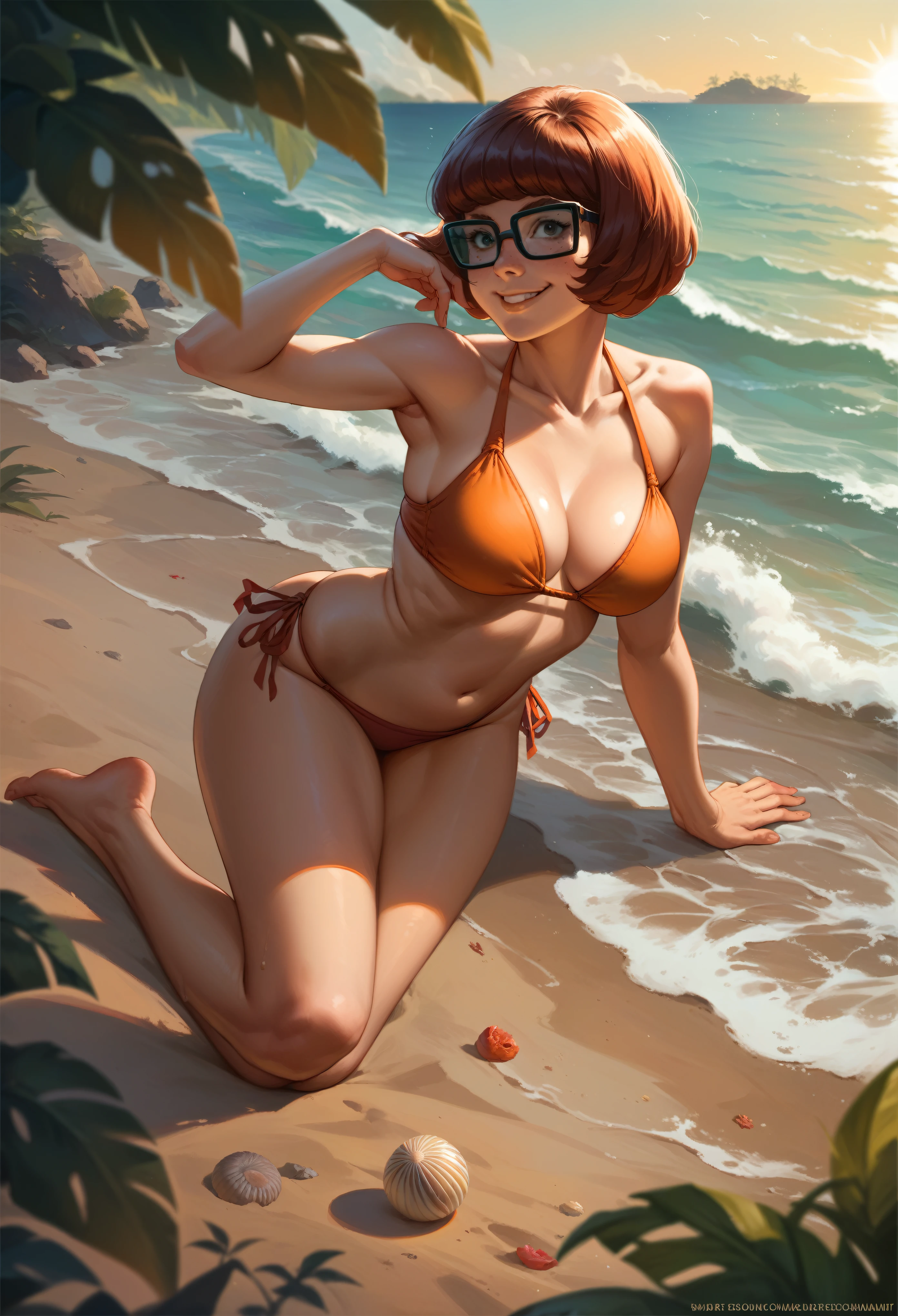 Velma in a bikini, smiling, sexy, full body on a deserted beach.