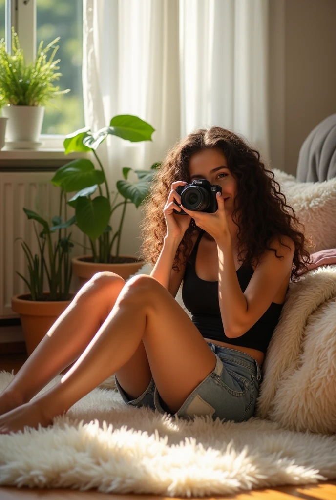A brunette girl with curly hair and big breasts sits with her legs stretched out, taking a realistic photo