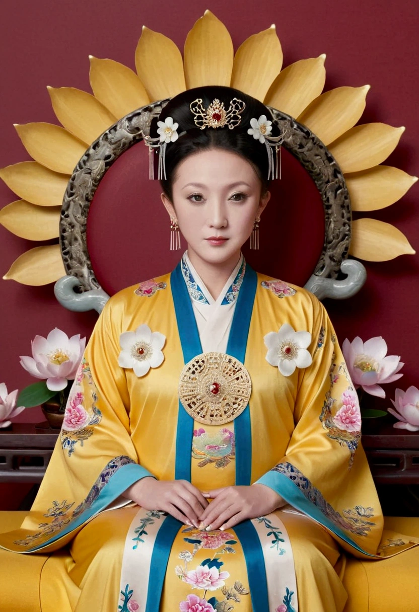 From the pre-Qing period, The Empress sits naked on a large golden sofa in the palace, Her legs were spread, At the Chinese court during the Qing Dynasty, Empress of the Qing Dynasty, Wearing the great crown of the Chinese Empress, Belly and thighs visible from below.。She is completely naked, Showing off gorgeous large flowers and hairpins, She tied her hair up and pulled it up, 背景はEmpress of the Qing Dynastyの豪華な宮殿.