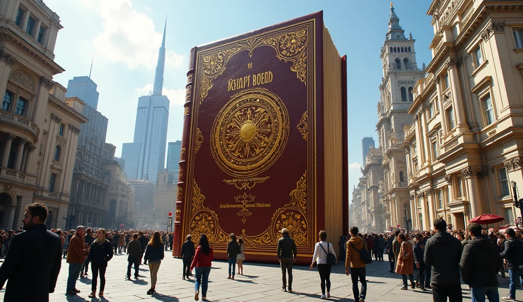 The Colossal Book in the City Square

A massive leather-bound book stands upright in the center of a bustling city square, towering over surrounding buildings. The book's pages flutter gently despite the absence of wind, and intricate golden lettering adorns its cover, reflecting sunlight and casting luminous patterns on nearby structures. Crowds of astonished pedestrians gather around its base, some capturing photos with their phones while others reach out to touch the enormous pages in awe. Street performers and vendors pause their activities, gazing upward in disbelief. The background features modern skyscrapers and historical monuments, creating a striking contrast between the city's everyday hustle and this mysterious, monumental tome.