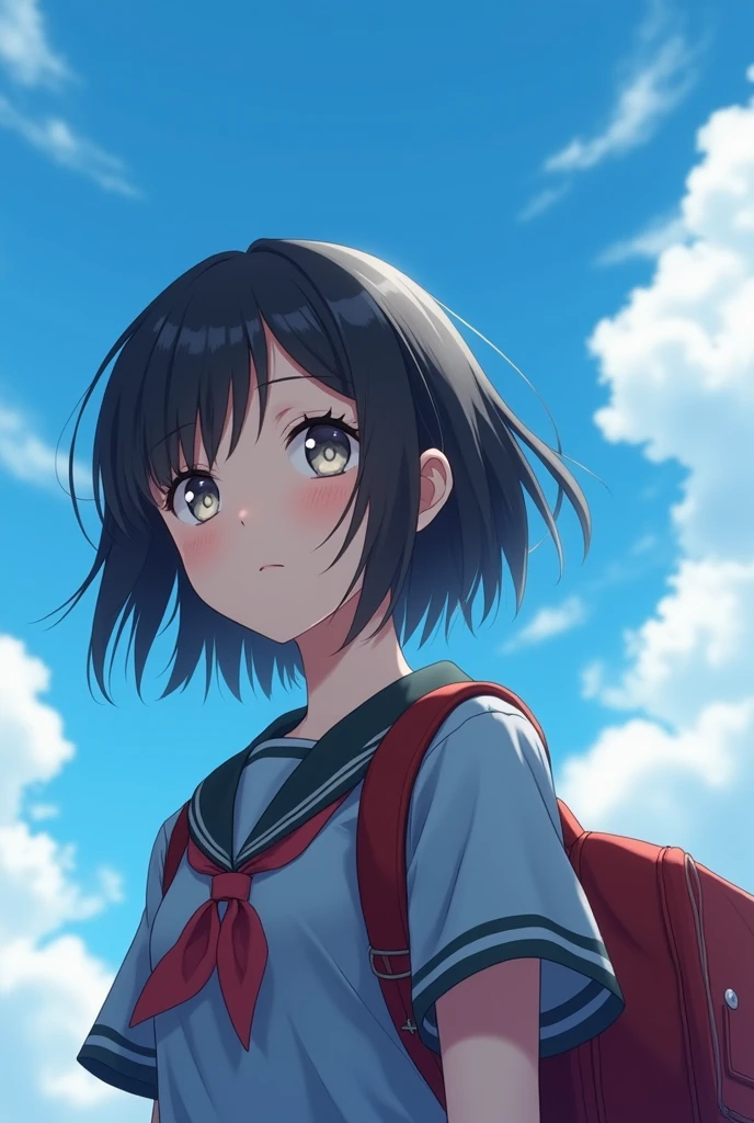 (RAW photo, best quality, masterpiece: 1.2), (photorealistic: 2), (Polish girl, 20 years old, black hair, Light grey eyes, short bob cut, hair in 7 thirds, hair over one ear, Symmetrical eyes, solo, Detailed Skin:1.1), Cloudless blue sky, looking up at the sky, angle from below, school uniform, school bag, wind blowing