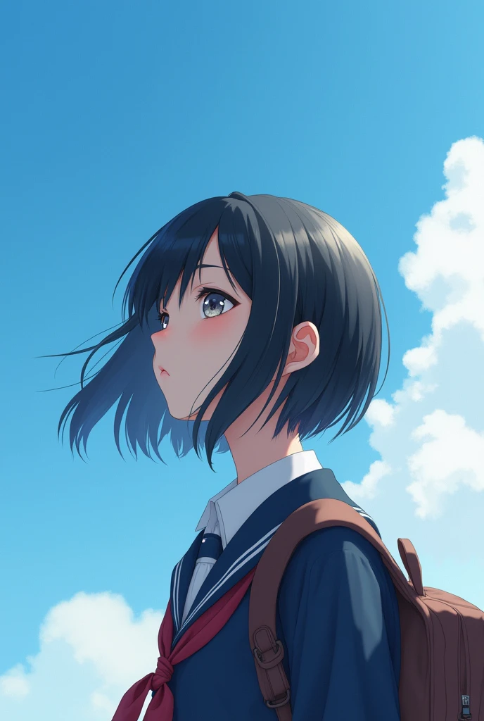 (RAW photo, best quality, masterpiece: 1.2), (photorealistic: 2), (Polish girl, 20 years old, black hair, Light grey eyes, short bob cut, hair in 7 thirds, hair over one ear, Symmetrical eyes, solo, Detailed Skin:1.1), Cloudless blue sky, looking up at the sky, angle from below, school uniform, school bag, wind blowing