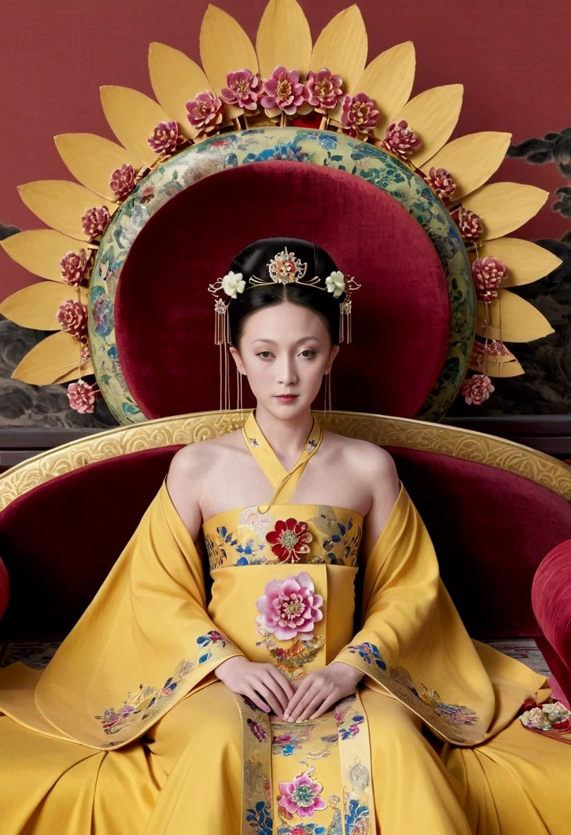 From the pre-Qing period, The Empress sits on a large golden sofa in the palace, Her legs were spread, At the Chinese court during the Qing Dynasty, Empress of the Qing Dynasty, Wearing the great crown of the Chinese Empress, Belly and thighs visible from below.。She is completely nakedwing off gorgeous large flowers and hairpins, She tied her hair up and pulled it up, 背景はEmpress of the Qing Dynastyの豪華な宮殿.