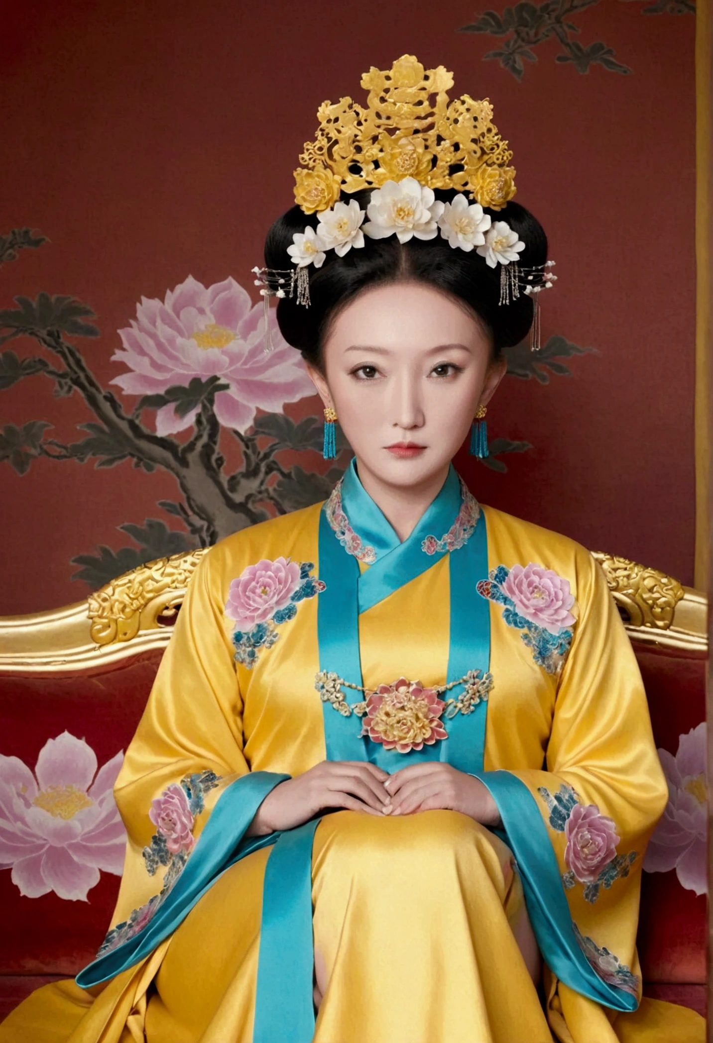 From the pre-Qing period, The Empress sits naked on a large golden sofa in the palace, Her legs were spread, At the Chinese court during the Qing Dynasty, Empress of the Qing Dynasty, Wearing the great crown of the Chinese Empress, Belly and thighs visible from below.。She is completely naked, Showing off gorgeous large flowers and hairpins, She tied her hair up and pulled it up, 背景はEmpress of the Qing Dynastyの豪華な宮殿.