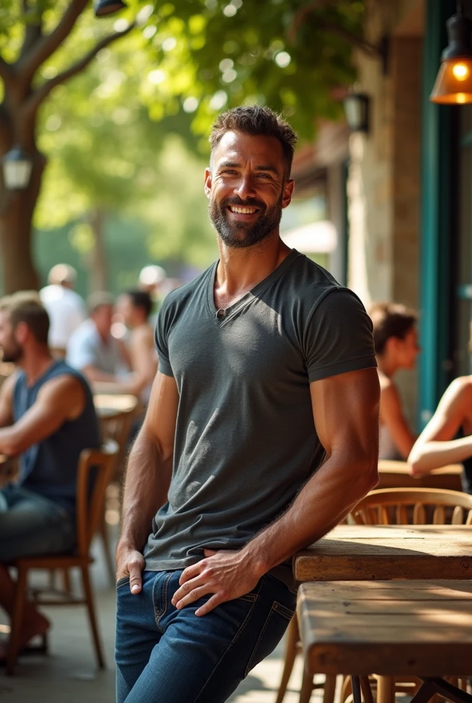cafe,date,light smile,mature male,(muscular:0.6),