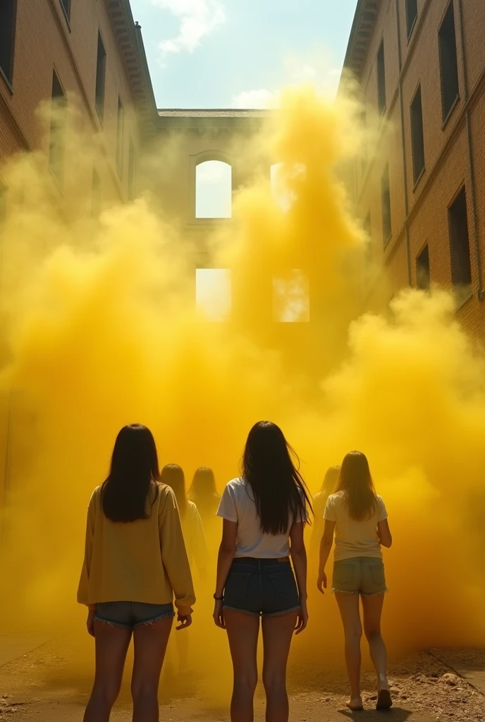 Female students,Super Strength,fart,The building is collapsing,yellow smoke,The butt is facing the screen
